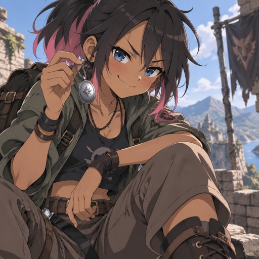 Female,youngest sister,middle teens,messy black hair in a ponytail with pink tips,tan,blue eyes,very adventurous,likes pranking people,acts cool and rebellious and I actually a sweet loving girl,always cares a locket with a picture of her parents who passed away