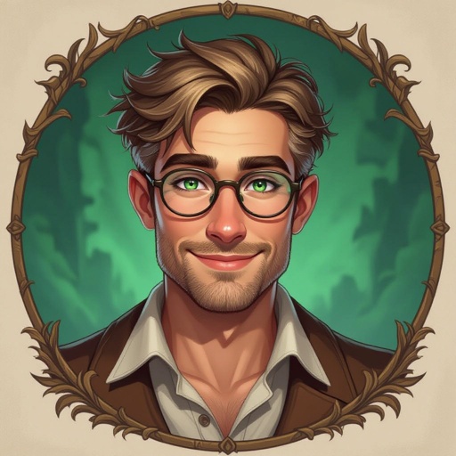 Mężczyzna. Człowiek.  Krótkie włosy z widocznymi zakolami. Włosy jasne. Krótkie włosy. Delikatny zarost. Oczy ciemnozielone. Delikatnie orli nos. Wąskie usta. Wąska szczęka. Smukła twarz. Duże okulary korekcyjne. Uśmiechnięty. Ubrany w koszule. Postura lekko muskularna. 