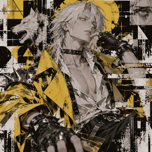 Male, wolf cut white hair, neck length, white eyes, yellow trench coat, metal spike shoulder pads, black choker, low cut white shirt, fingerless gloves with spikes, insane, glitch powers