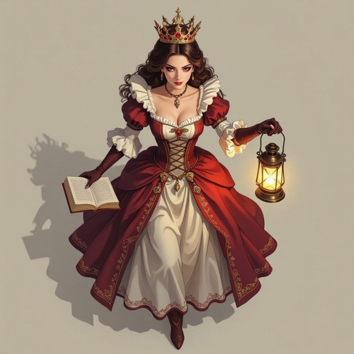 top view, battle map view, aerial view, woman, fancy dress, crown, holding a lantern, holding books, looking down, no background