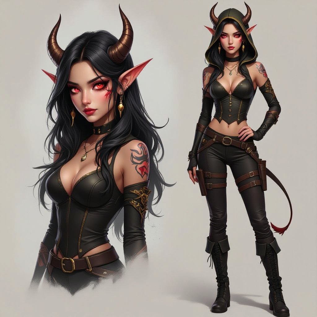 Create a 17 year old beautiful tiefling. She has long black hair with a streak of gold going through. She is very beautiful. She has one red eye and one black one. She has light tan skin and has skin coloured patterns. She has small horns and is very alluring. She is wearing skin tight long sleeves and trousers their and adventure clothes with a hood. She is 5’8 and 113  pound and very sexy with an hourglass figure. She also has a toned slim model build. She is also wearing black boots.  She is also badass and very cool