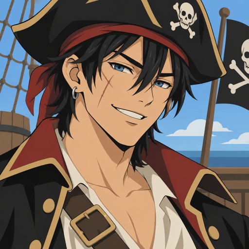 Male, Asian, black medium length hair with side bangs on one side, blue eyes, ear piercing, scar on face, pirate, smile