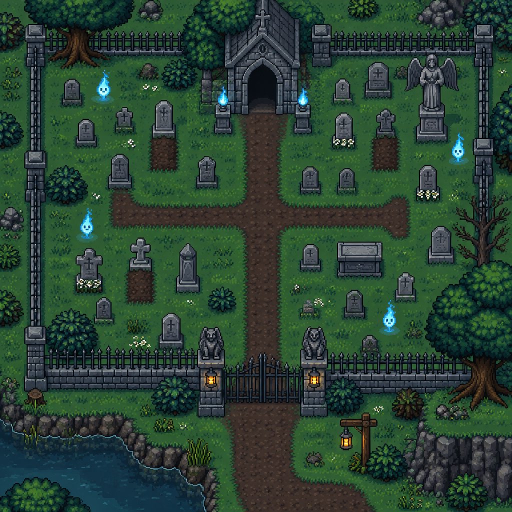 Graveyard for a modern fantasy game, exterior, top down style