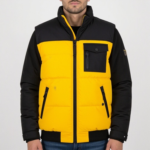 Man in yellow and black puffer Vest 