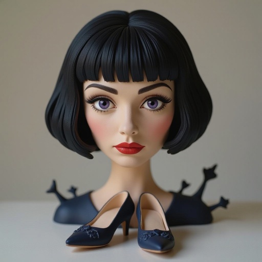 Show her shoes. Create mysterious woman jet-black hair is cut sharp to her jawline, and her violet eyes seem to pierce through darkness. A shadowy aura clings to her form, faint shapes shifting and flickering behind her like whispers of another realm. Show whole body head to toe