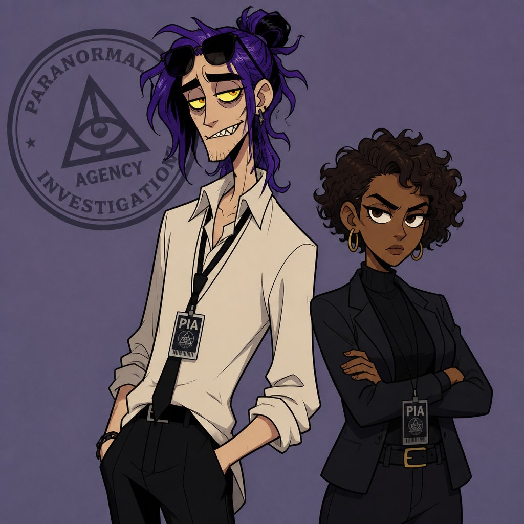 Anime,Agent Ward,long messy hair in a messy loose up tied bun, violet hair black streaks,he’s made in a secret lab to be the best weapon and good at everything highly skilled in many things where the scientists are scared if he gets out of control,has to be kept in check by lab facility, they have an emergency back up incase he gets out of control,glowing yellow night vision eyes,sharp teeth,sunglasses on head,cares about his partner but doesn’t admit it,likes making jokes, can be reckless mischievous and dangerous,a little unhinged,extreme dark powers do to experimentation,best agent,late 20s,thin,tired,tall,migraines,sensitive to light,jokes,hates being told what to do,intimidating,laugh like a maniac .Partner Ruby she has brown hair a little above the neck curly,brown eyes, dark skin,serious,goes by the rules, gets annoyed by Ward but conceders him as a friend try’s telling him to sleep,doesn’t like his jokes during work,has been given a device to trigger a shut down on Ward in case he gets out of control but really hopes she never has to