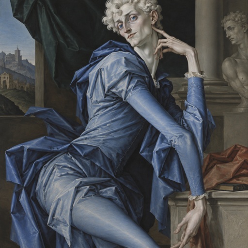 Male, fluffy white hair, big blue eyes, long smile, snobby, wears blue, whiny,