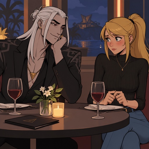 Kado Thorne from Fortnite white hair pale, Samus Aran casual clothes, on a date, Samus is nervous, background