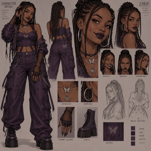 Female, African American, braids, brown eyes, dimples, fish net gloves, purple, necklace, earrings, dark lipstick, 