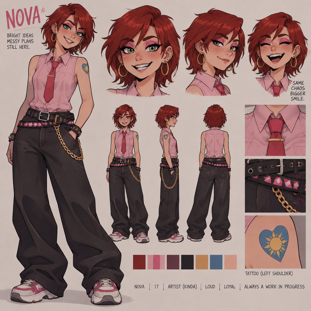 Female, teen, freckles, dark green eyes, hot pink eye shadow, hoop earrings, choppy red neck length hair, bangs on one side of face, sleeveless button up pink shirt, pink tie with gold clip, blue heart tattoo with a yellow sun inside on shoulder, baggy pants with gold chain, two belts with dark and light pink triangles, smiling, cartoon style