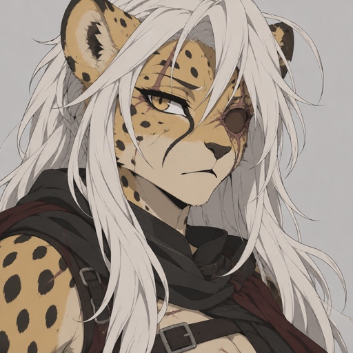 Cheetah furry ,scars, missing eye, long white hair