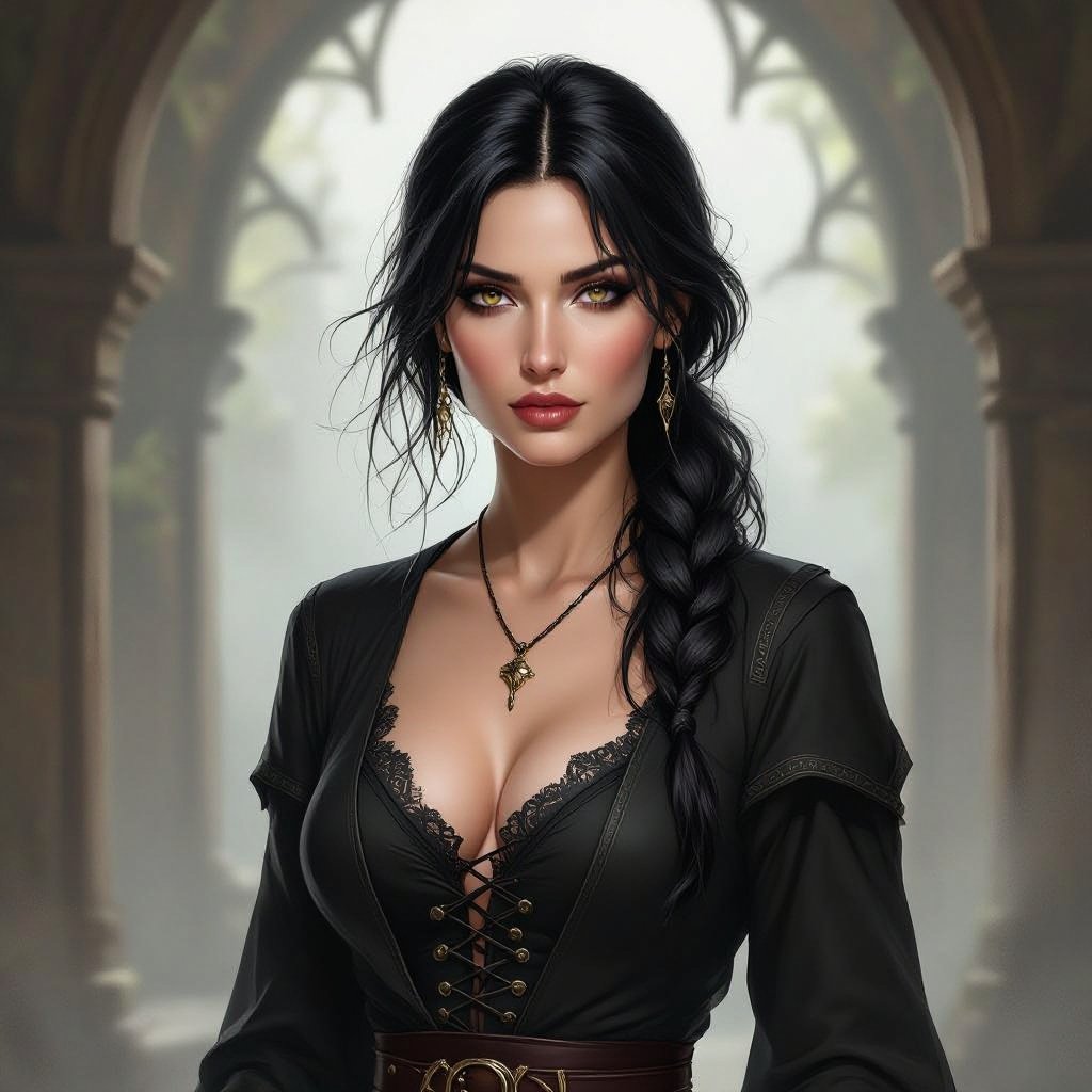 Show character head to toe. Create a mid age fantasy woman jet-black hair is cut sharpand her eyes seem to pierce through darkness. A shadowy aura clings to her form,