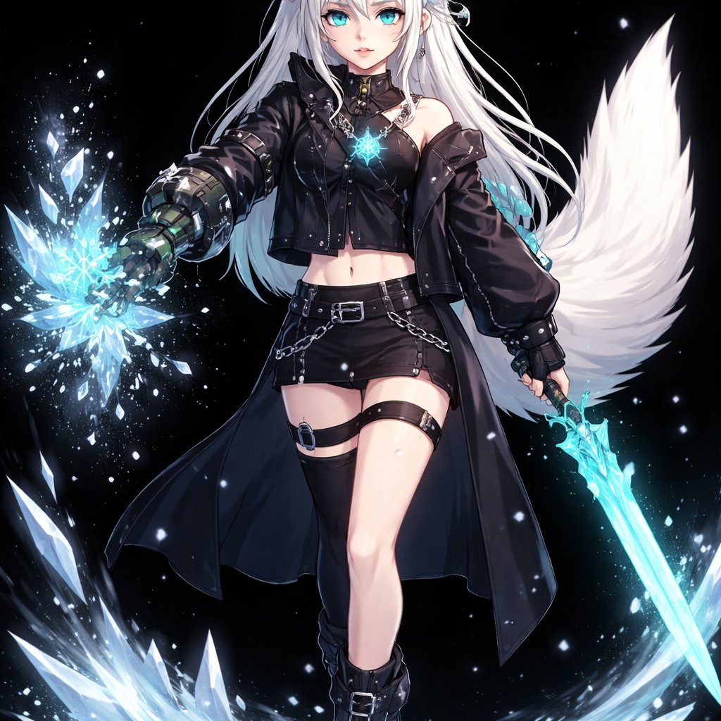 A 16 year old female teenager with fair skin and slight blush. Wears black with some silver chains and gold around the collar. Her left eye is vibrant teal, but her right eye is pale blue. On her right arm, it’s mechanical with brown and very very dark green. Her left arm has a black sleeve adorned with extremely tiny snowflakes. The teenager has straight, neat white hair that is half the length of her back, and on her fringe, she has a braided cyan highlight. The teenager also has small fox ears and a fluffy white tail. The background is black. The teenager has a Cryo Vision on her chest, therefore she is in the world of Genshin Impact. She is also holding a teal sword in her left arm, and conjuring ice from her mechanical arm. Full body picture
