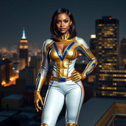 A young African American female superhero with shoulder length hair in a side part style wearing a gold and white suit made of a leather like spandex material with blue accents with white pants and gold boots with a stylized V as her chest emblem standing ona roof in a Philadelphia at night