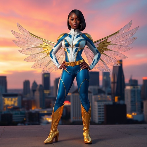 African American female superhero with shoulder length hair in a side part style and holographic wings wearing a homemade white and blue suit with gold accents and blue pants with a stylized V as her chest emblem wearing gold flat boots made of gold fire standing in Philadelphia at dusk