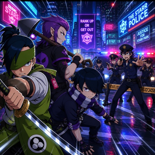 Kenji, Mortis and Edgar from brawl stars, stand-off with the police