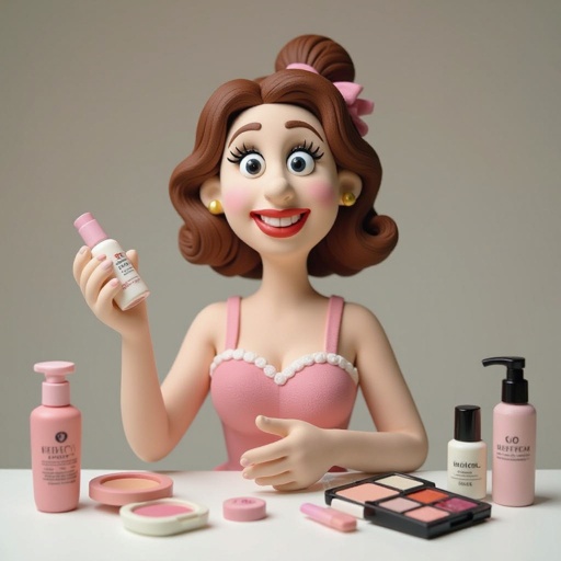 Create a weird looking character showing there whole body head to toe, a lady who loves beauty products  