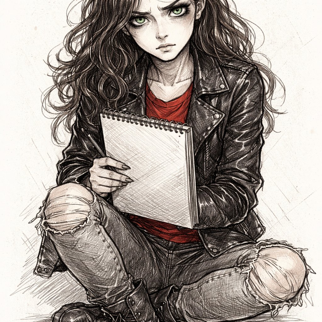 A portrait female with intense green eyes, wavy dark brown hair and black eyeliner. She looks angry and sad. She holds a sketch pad and is looking directly at the viewer. She wears a black leather jacket, red T-shirt and ripped jeans with black combat boots.