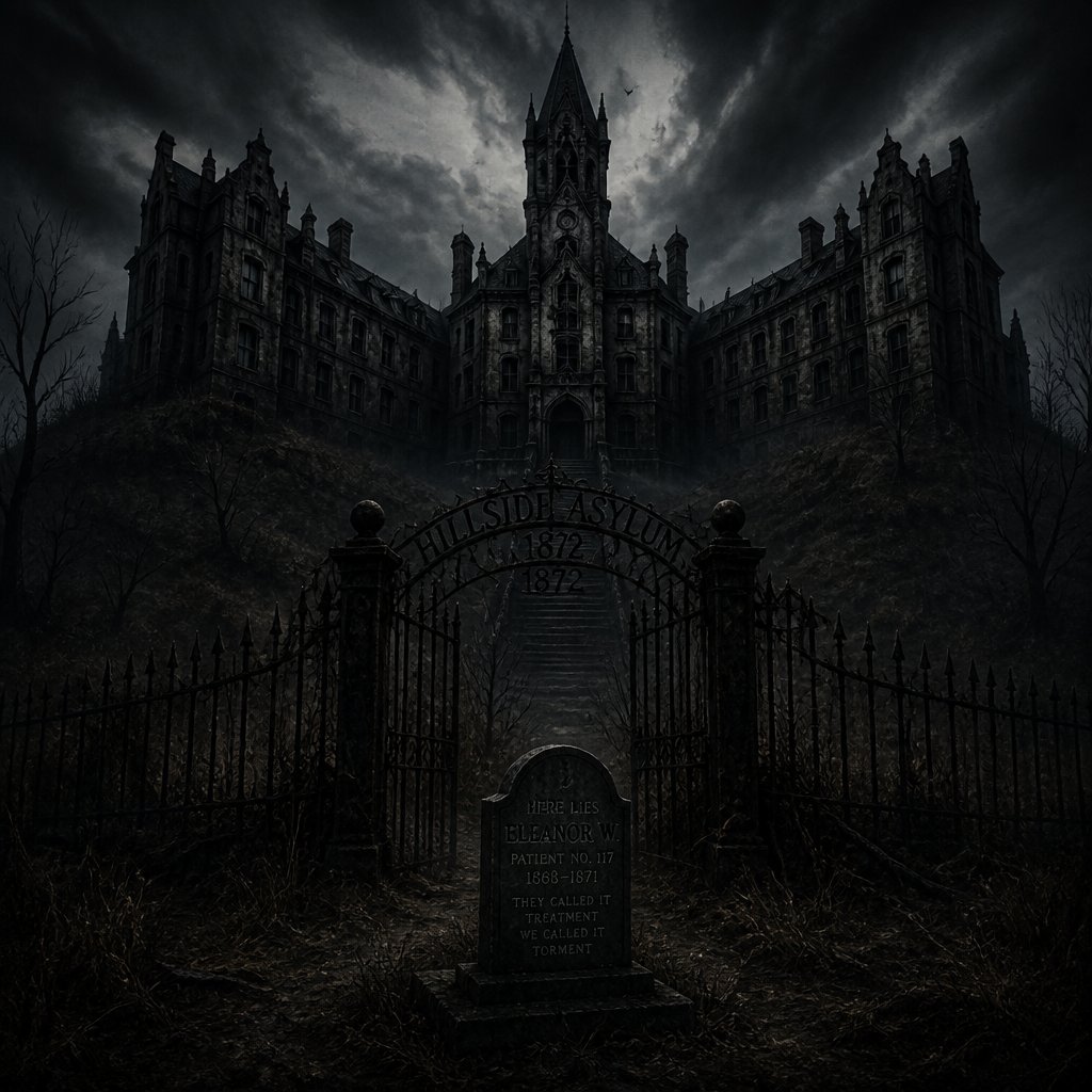 Hillside asylum is a haunted insane asylum institution with a grave in the front yard and is fenced in with rod iron gate . It’s decaying and has a 19 century architectural layout.hillside asylum has a medical wings in a batwing and V formation.