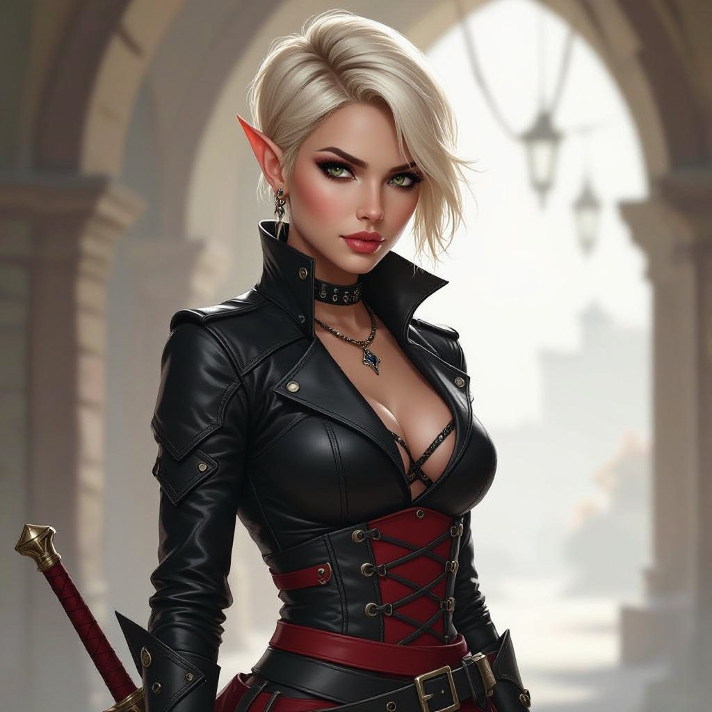 Blonde pixie cut Female High Elf Assassin in Black and Red Leathers and Skirt full body