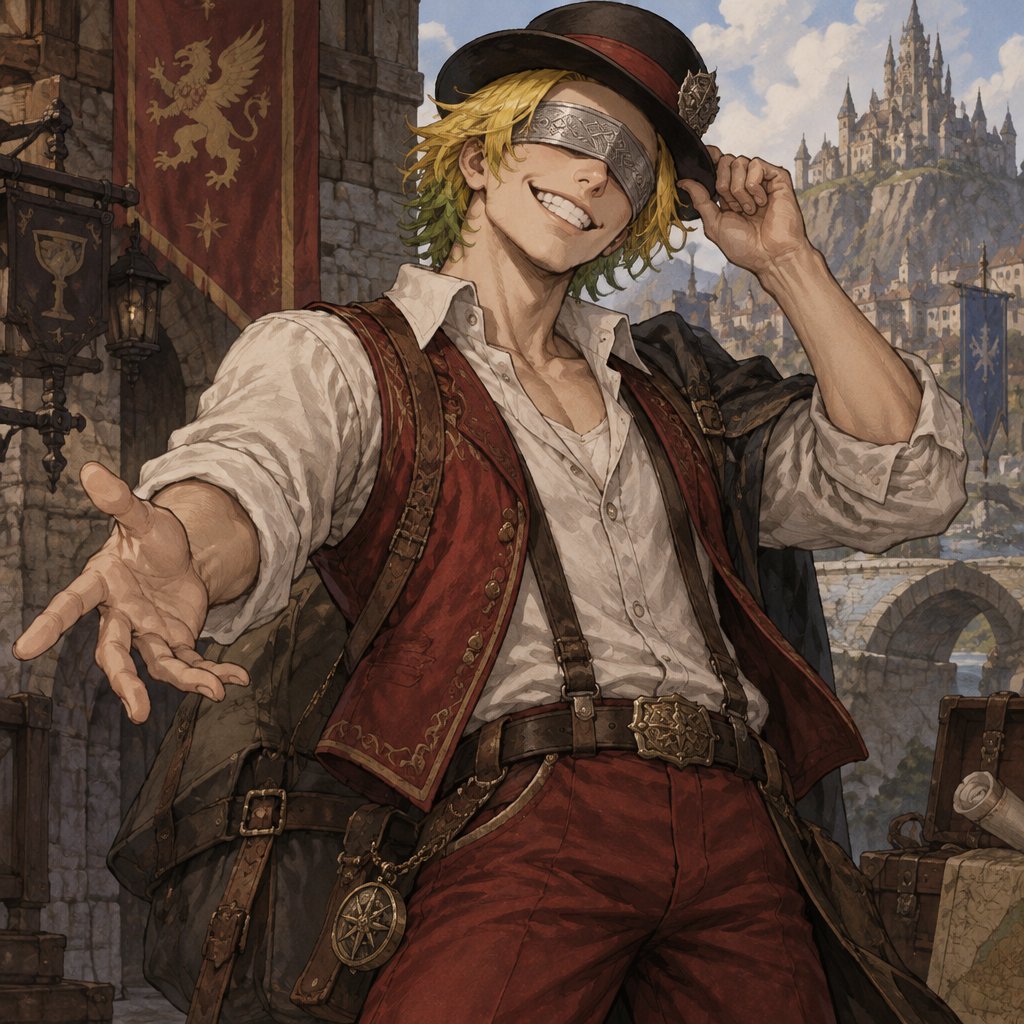 Male, white button up shirt, red vest unbuttoned, red pants, bowler hat, metal covering eyes, big smile, yellow snake hair green tips short,
