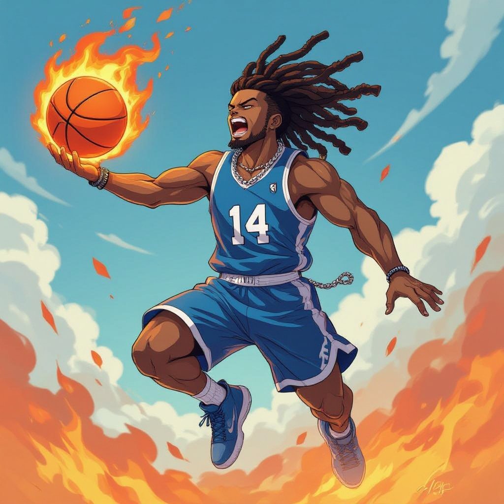 My character is a muscular guy with 12 big dreadlocks and Blue Basketball jersey with the number 14 and a chain on his neck and he is jumping into the rim high in the air with a fire flame ball