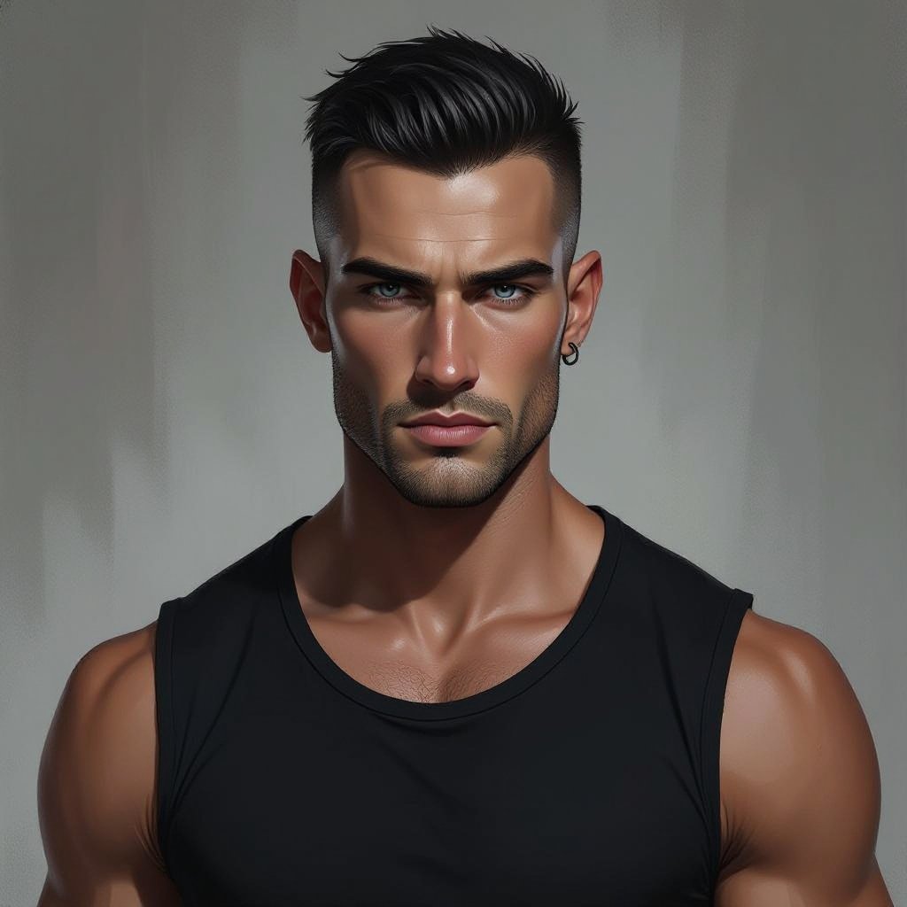 Mężczyzna. Wysoki o muskularnej budowie. Obcięty na jeżyka ciemne włosy. wygolone boki na zero. Włosy ulizane na bok. Delikatny zarost.  Orli nos. Pyzata twarz. Wąskie usta i jasne niebieskie oczy. Sportowiec. Ubrany w koszulkę bez rękawów zasłaniającą brzuch
