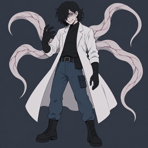 Male, black messy greasy hair, neck length in the back, hair in the front covering one eye, blue eyes, eye bags, veins under eyes, pale tendrils coming out of back with veins, blue pants, boots, black rubber gloves, scientist jacket, belt with pouch, evil smile