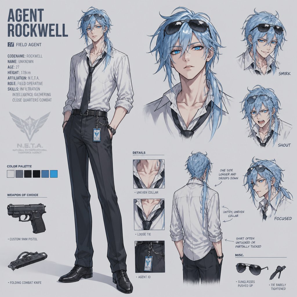 Anime Agent Rockwell He’s average height has very poof up messy hair half side longer and drooped down his hair is a light blue his skin color is white,has very bright blue eyes,wears a suit most times his tie is loose and he doesn’t usually wear his jacket and his collar to his shirt is usually uneven, wears sunglasses on his head He’s know for is mischievous and reckless behavior though when it is comes to important missions he takes it very seriously he is one of the best agents