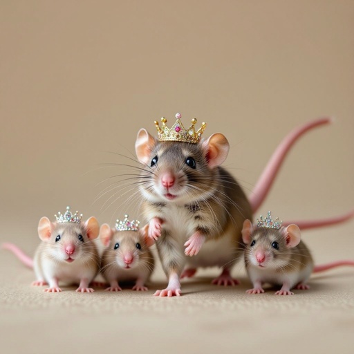 A queen rat with pink mini princess rats following her