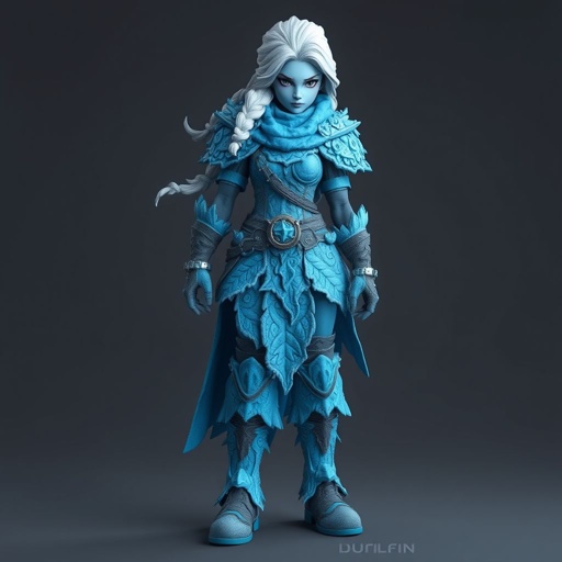 Create a battle woman hero called Alvara the Frostheart. Show full body head to toe including shoes