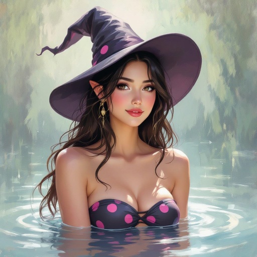 Dark Brown Hair Elf Witch Librarian in Witches Hat. Tight Strapless pink polka dot two piece bathing suit