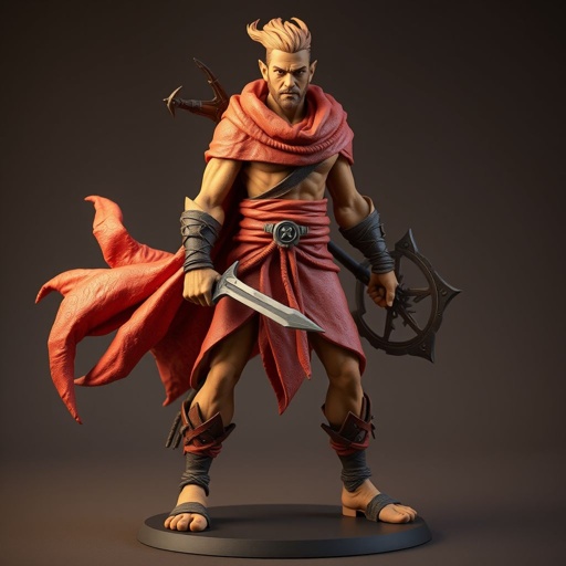 Create handsome hero Rhen the Fire – A lean, muscular man. He wears layered, flowing desert robes dyed in warm reds and golds, with scorch marks where flames have licked them. A curved blade hangs at his hip. Show whole body head to toe including her shoes.