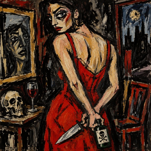 Woman in a scarlet dress with a knife and a bottle of poison behind her back 