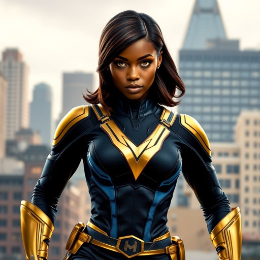 African American female superhero with hair in a shoulder length side part hairstyle with pure Gold Glowing eyes wearing a black blue and gold accented suit with navy blue pants and gold knee length boots with a V with the top half gold and the bottom half black as her chest emblem in Philadelphia