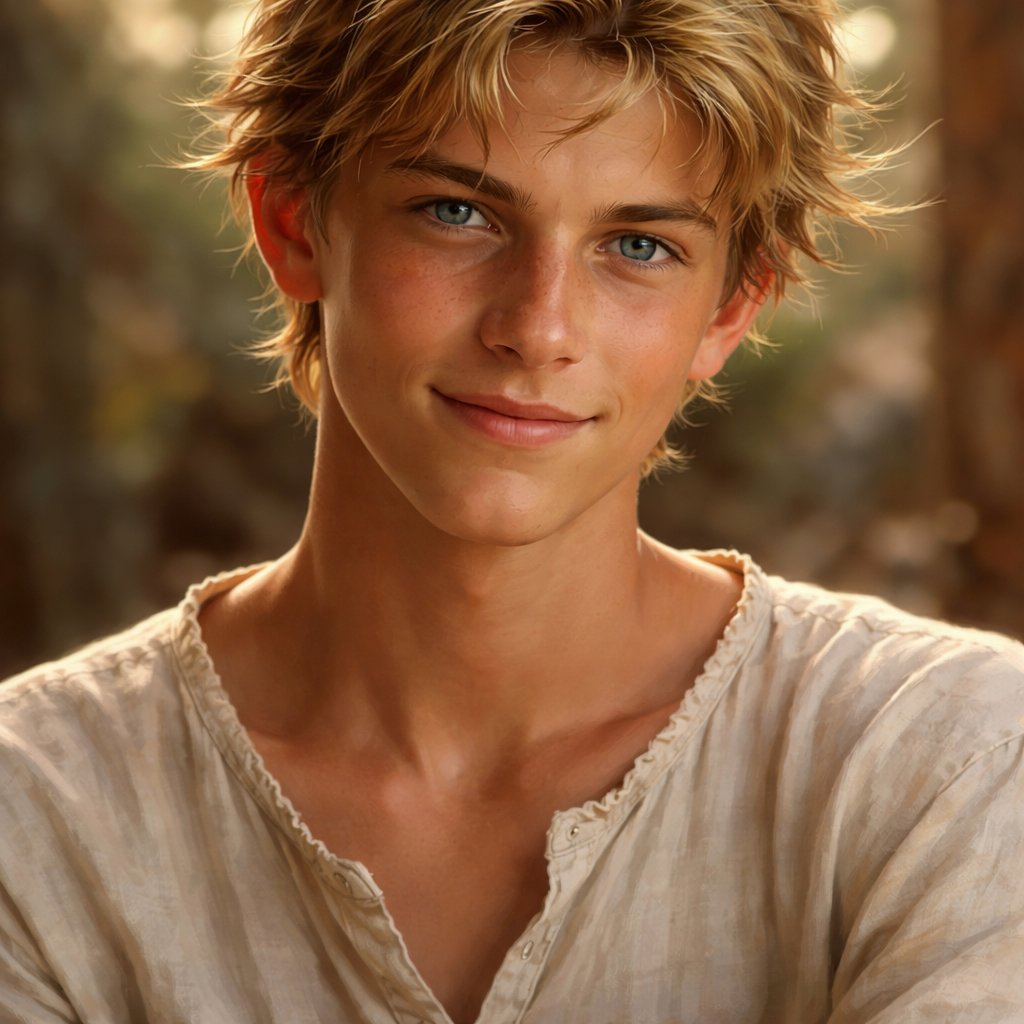 17 year old boy. Dirty blond hair with tan and bronzed skin. Skin is sunkissed tan. He has blue eyes and defined face. He has on a simple white tunic and has a mischievous smirk