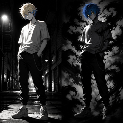 Anime male grandsons of the goddess of death,very excited boy with blonde hair and died blue tips hair styled with being up to neck length and one side having hair clips and his top hair is more bushed nice up his other side of hair being loosed with no hair clips and blue eyes casual clothes has the power of death and always looks at the good things in life When a friend or family member gets really extremely harm to possibly no return his dark side will come out his skin become gray his hair becomes full blue his tips a more dark blue his eyes become a bright shining yellow no pupils his sclera becomes black his powers become extremely strong very dangerous to be near him when he unleashes his full powers he will also have black swirls around him when this happens full picture 