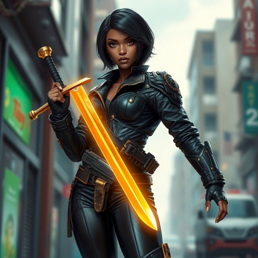 A teenage African American female with shoulder length hair in a side part style wearing an armored black leather jacket with gold accents black leather pants and gold boots holding a glowing golden sword with a gun belt and two guns on her hips