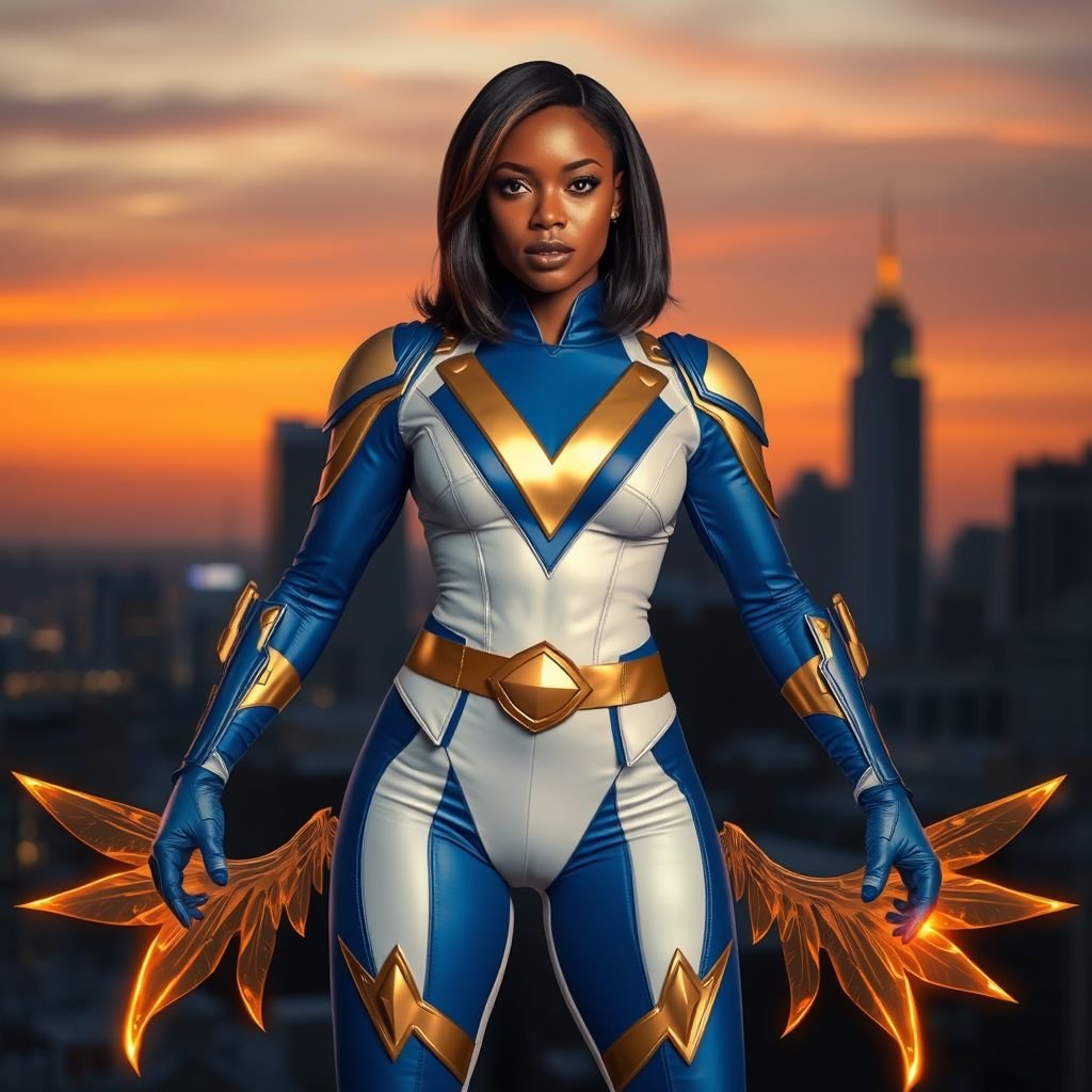 African American female superhero with shoulder length hair in a side part style wearing a homemade white and blue suit with gold accents and blue pants with a stylized V as her chest emblem wearing gold flat boots with wings made of gold fire standing in Philadelphia at dusk