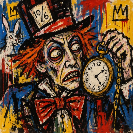 The mad hatter is checking his pocket watch that is going crazy