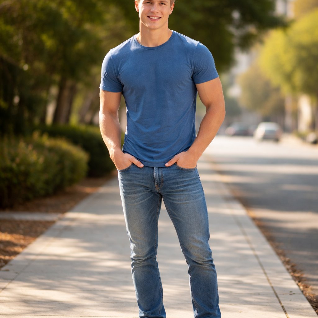 A 19 year old boy who has blonde hair and blue eyes. He is wearing a blue shirt and jeans. He looks strong. Full body and face appearance can be seen.