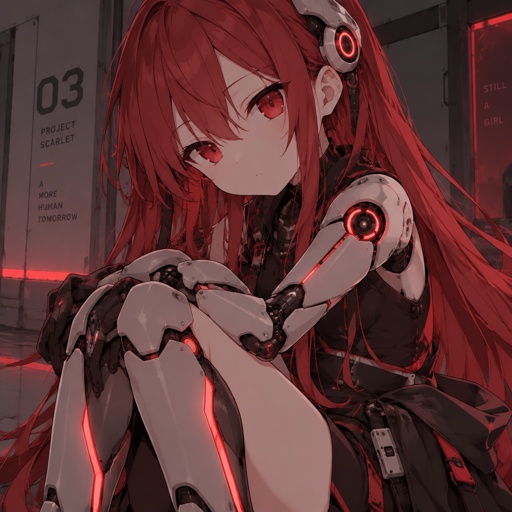 Cyborg, little girl, long red hair, red eyes