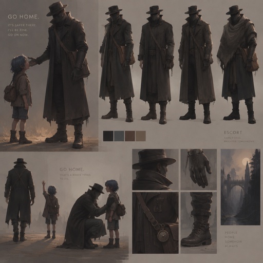 Full body, with multiple variations of Man at thirty in a dark coat, low voice, telling a child to go home. Escort, not a monster. Face optional or withheld. Fortiche painted, 1965 woods light.