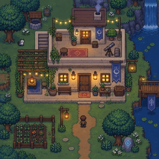 Cozy house with a flat roof and a smaller house on top, fairy lights, for a modern fantasy game, top down style