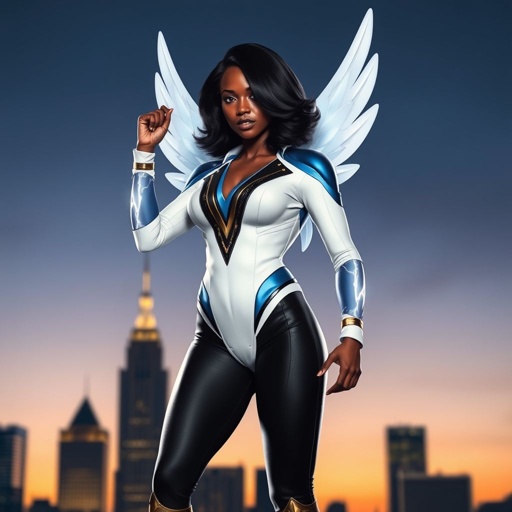 African American female superhero with shoulder length hair in a side part style and wings made of white lightning wearing a domino mask wearing a slightly homemade  white blue and black suit with black pants with a stylized V as her chest emblem wearing blue flat boots made of gold standing in Philadelphia at dusk