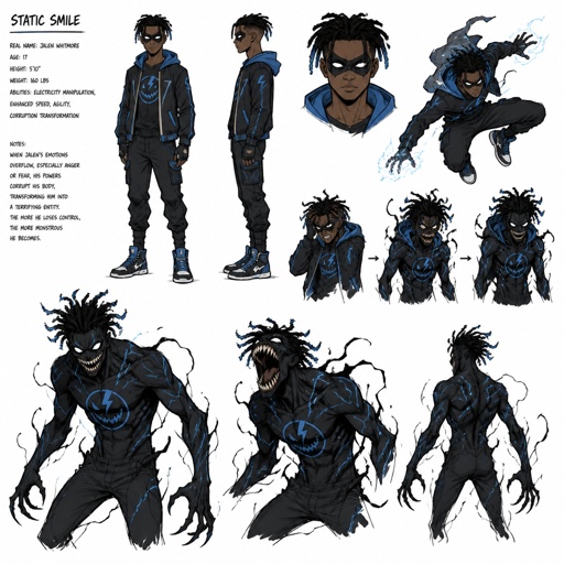 Male superhero with fear manipulation, cool costume, can transform into a terrifying humanoid sharp teeth big smile, mask, African American, teenager, dreads blue tips, multiple of the same character 