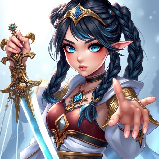 A young female with fair skin and vibrant aqua eyes. Black hair with cyan tips in the form of two braids. Wearing a royal goddess two piece outfit holding a small but legendary sword