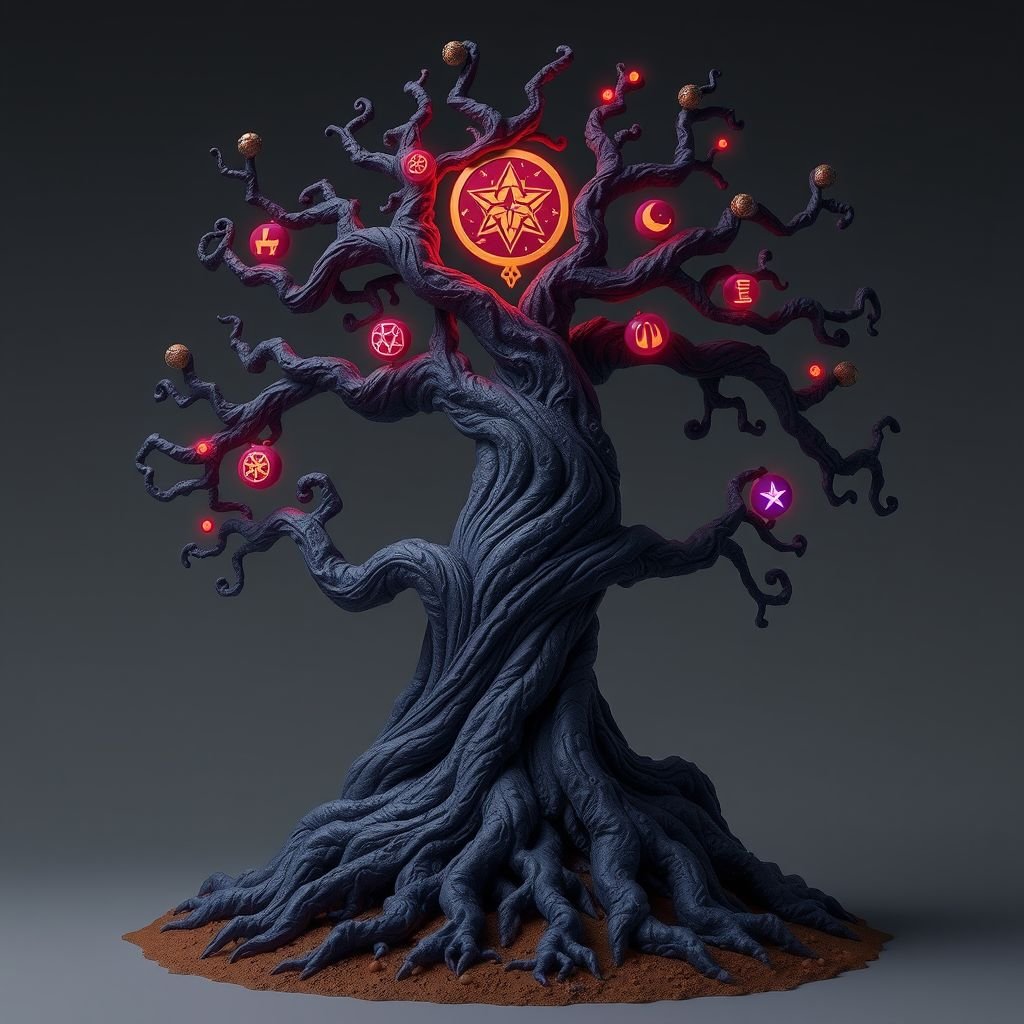 Give me a image of a dark  magic tree, with roots in the bottom
