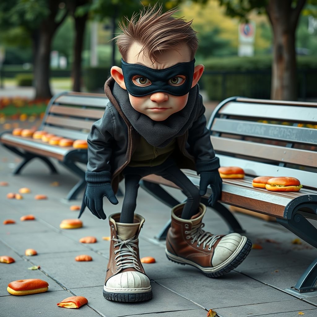 Create a funny looking clumsy thief with funny shoes on. Make him have on the bandit black thing around his eyes. And wanted for stealing sandwiches