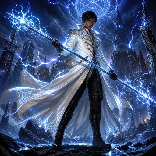 Young brown skinned man with brown eyes and short straight black hair with white leather trench coat and blue with lightning bolt along it quarter staff style cross black boots and gloves 